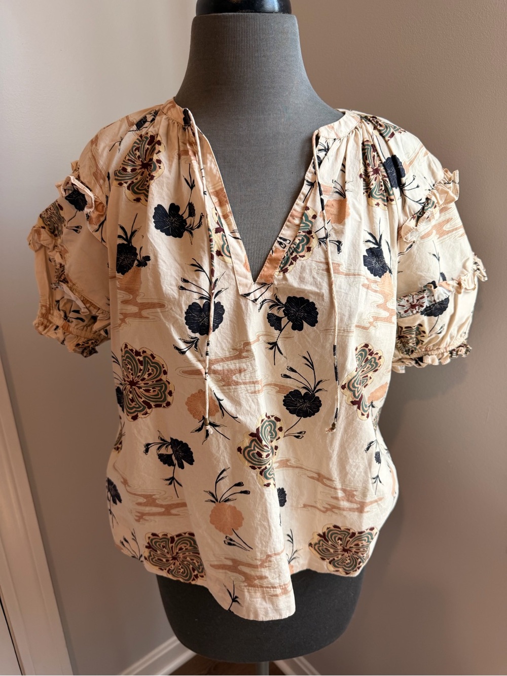 Ulla Johnson Cream Floral Split-Neck Ruffle Sleeve Blouse